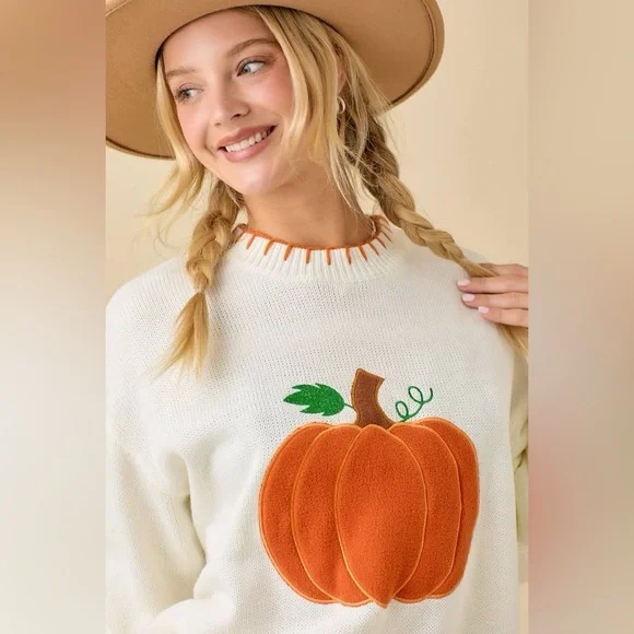 Textured Pumpkin Patch Sweater Knit Top with Stitching Detail - Main Strip - Picture 2 of 6